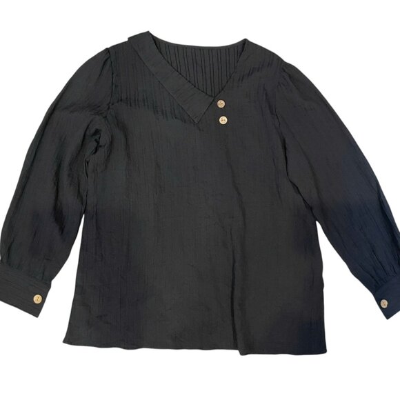 Tops - Pleated V-Neck Black Blouse
